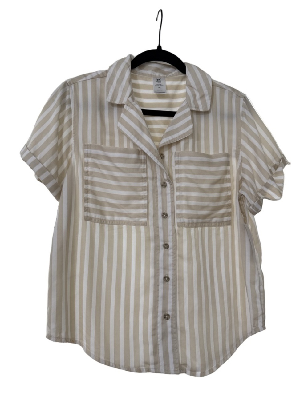 Striped Short-Sleeve Button-Up Top in Beige and White